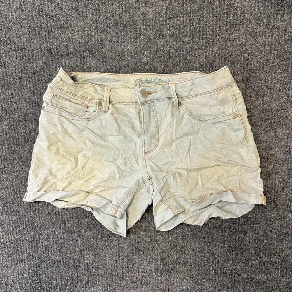 Faded Glory Denim Shorts Womens Size 8 Light Wash Blue Stretch Cuffed Stained